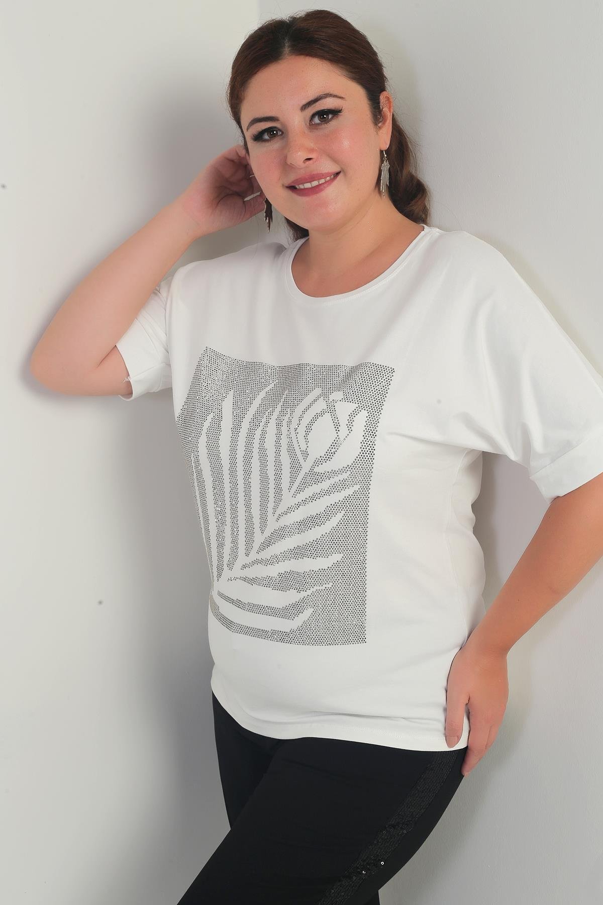 S-25Y4170005Kadın Kısa Yarasa Kollu Taş Detaylı Gül Desenli Likralı Büyük Beden Bluz