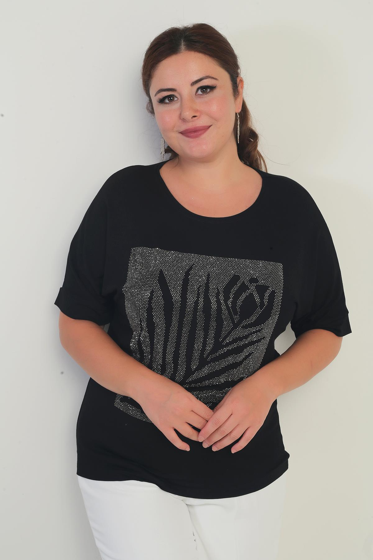 S-25Y4170005Kadın Kısa Yarasa Kollu Taş Detaylı Gül Desenli Likralı Büyük Beden Bluz