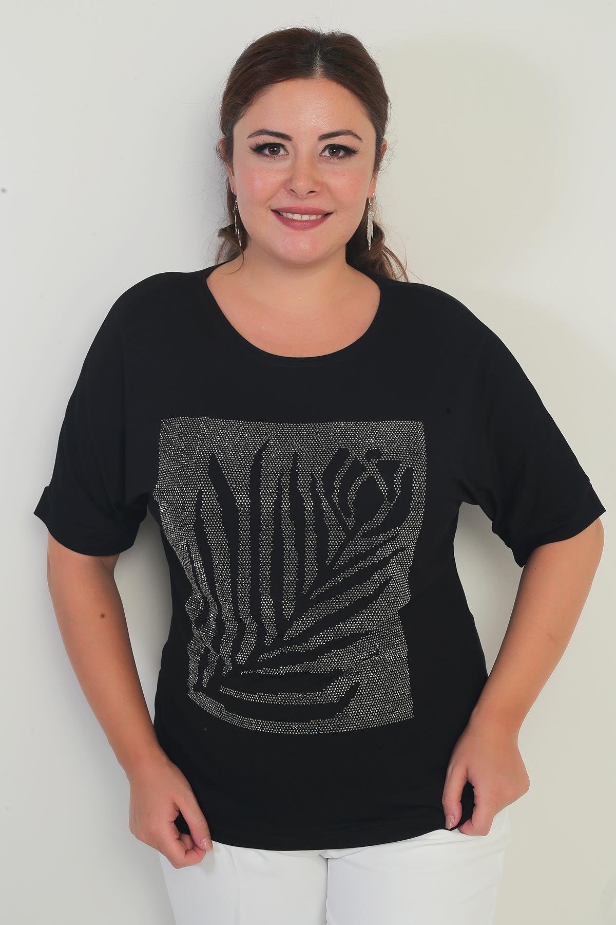 S-25Y4170005Kadın Kısa Yarasa Kollu Taş Detaylı Gül Desenli Likralı Büyük Beden Bluz