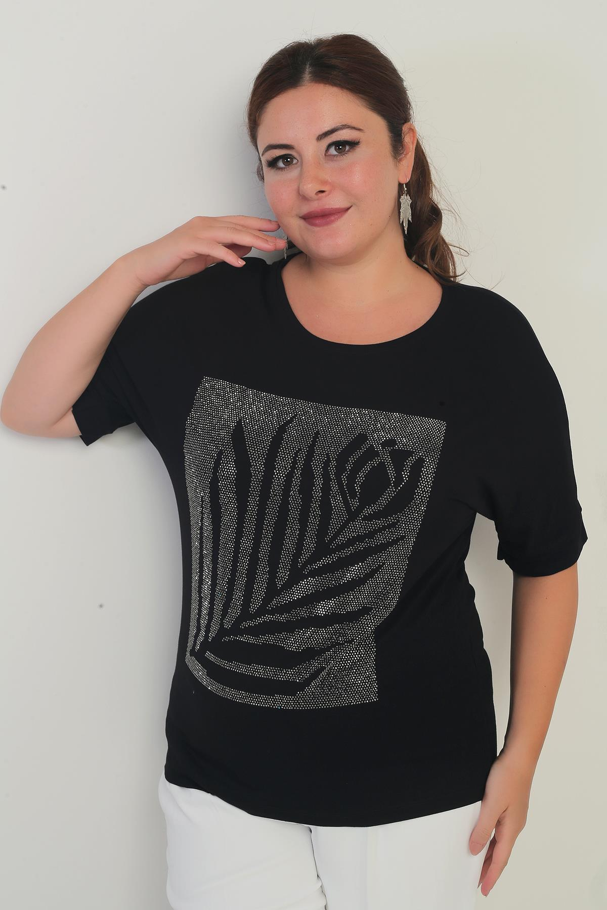 S-25Y4170005Kadın Kısa Yarasa Kollu Taş Detaylı Gül Desenli Likralı Büyük Beden Bluz