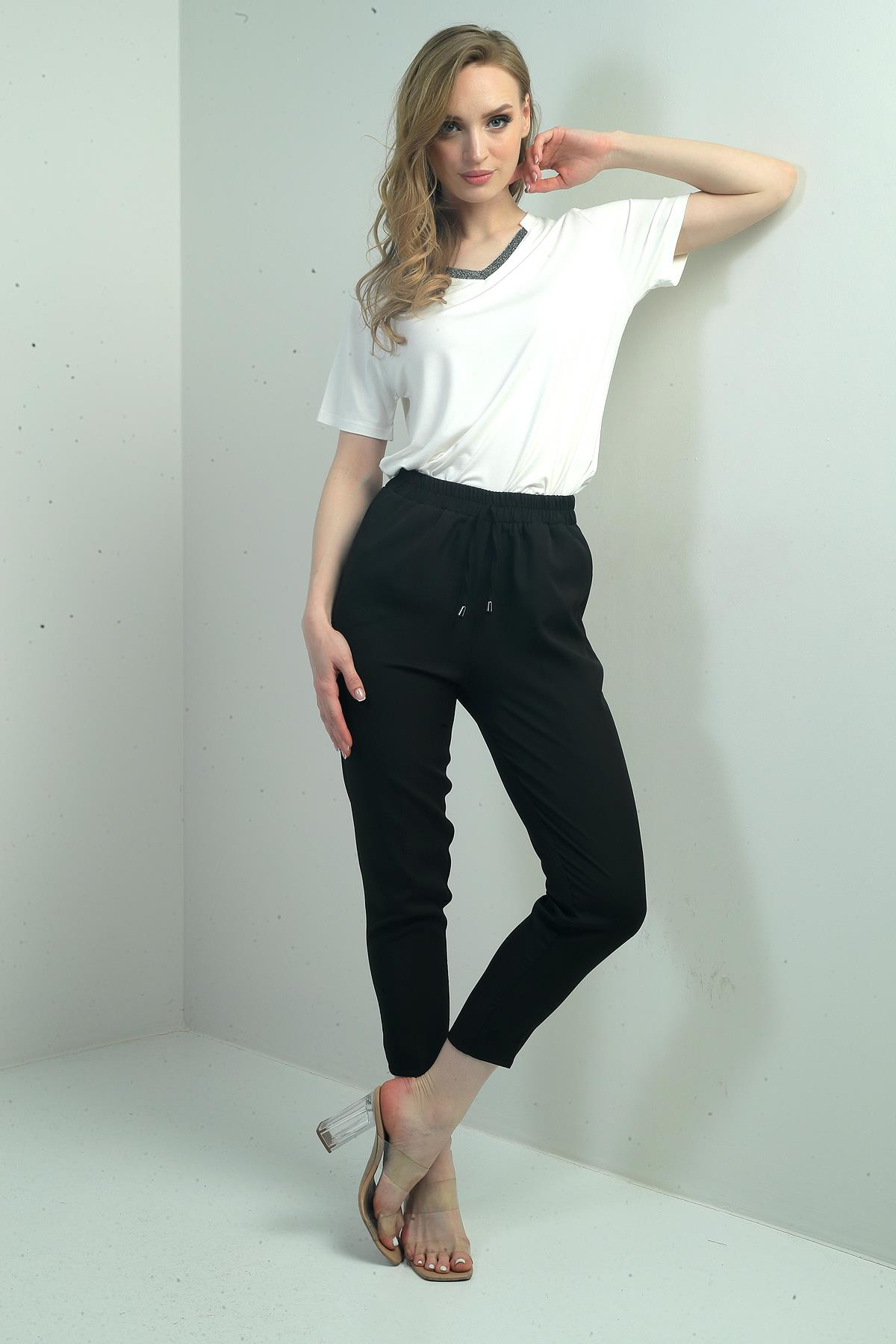 S-25Y4260001Kadın Beli Lastikli Yandan Cepli Havuç Paça Pantolon