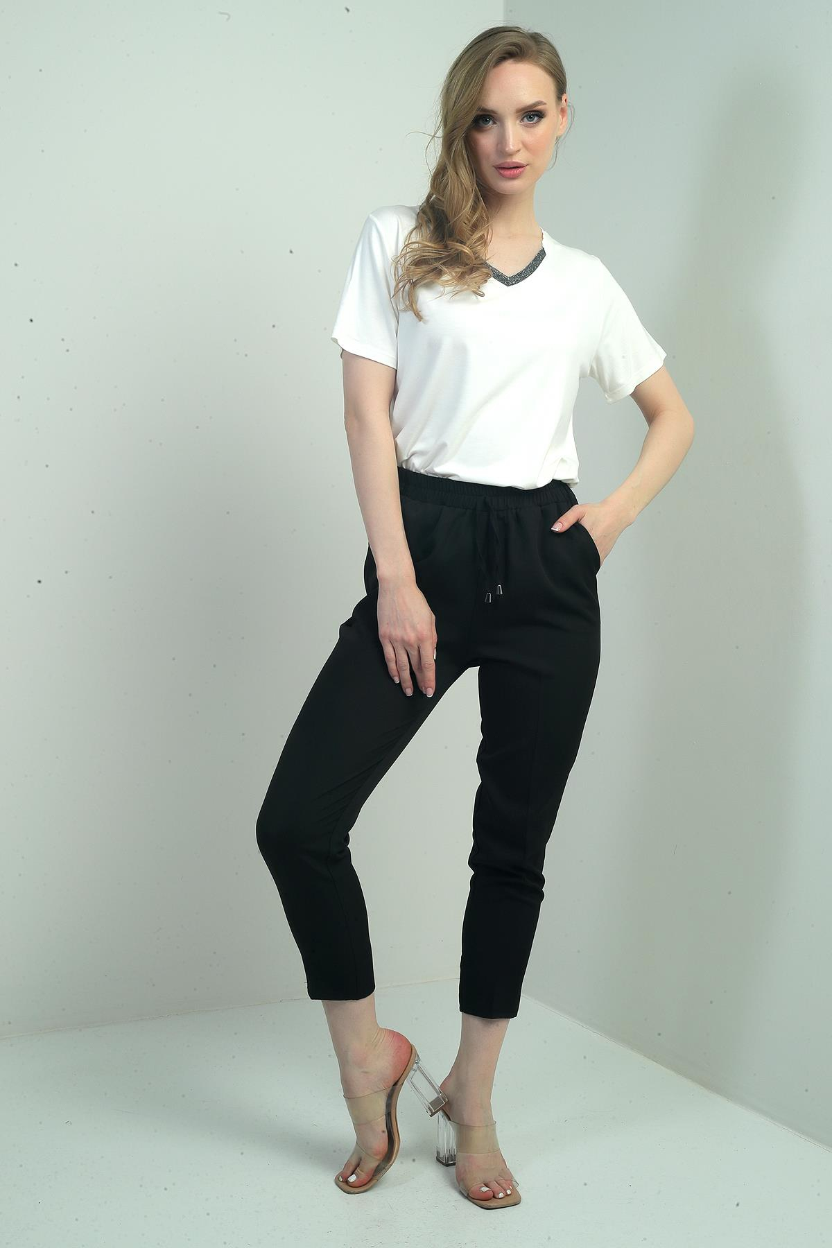 S-25Y4260001Kadın Beli Lastikli Yandan Cepli Havuç Paça Pantolon