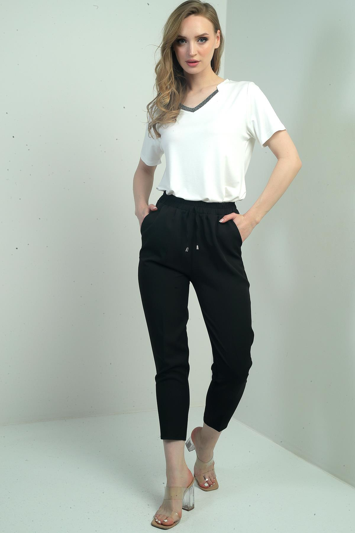 S-25Y4260001Kadın Beli Lastikli Yandan Cepli Havuç Paça Pantolon