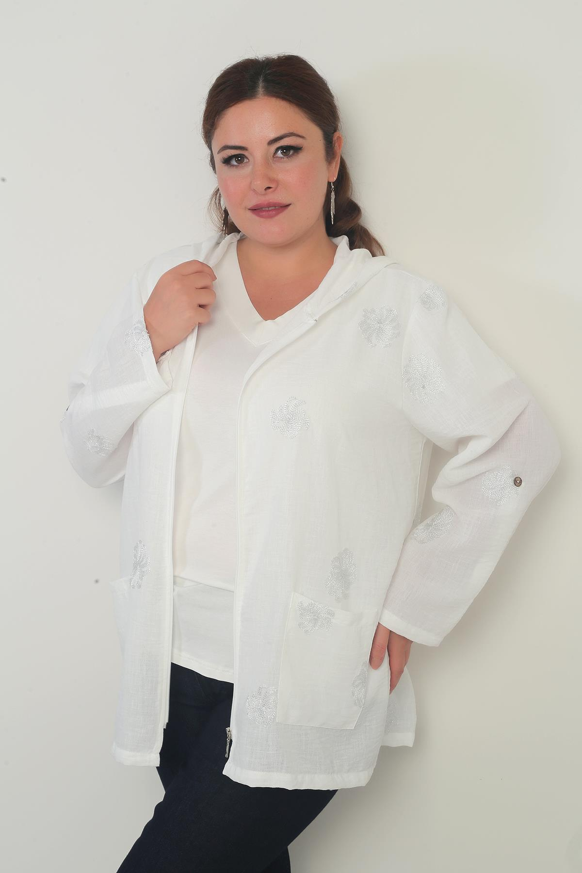 S-25Y4270001Kapüşonlu Torba Cepli Sim İşlemeli Sarmal  Desen Yıkamalı Fermuarlı Büyük Beden Ceket