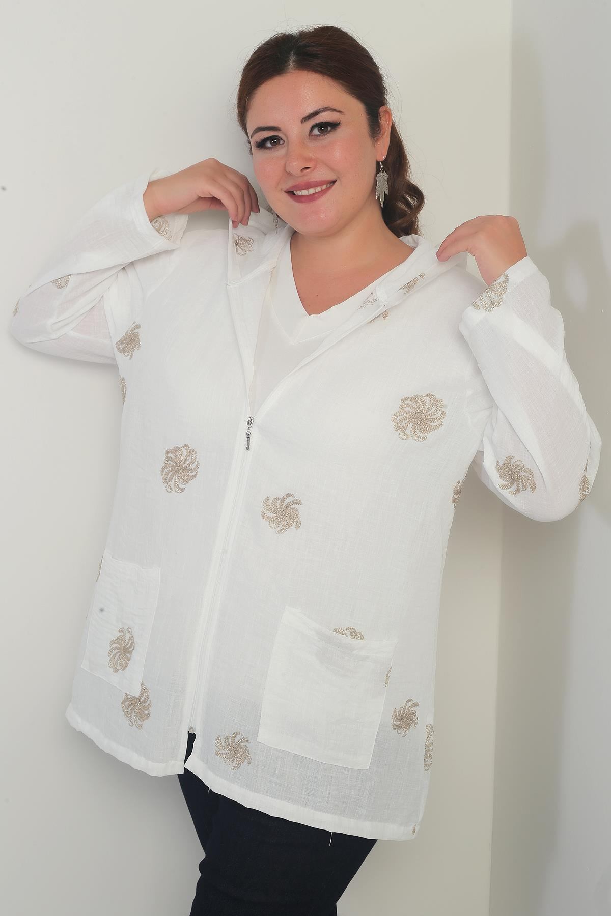 S-25Y4270001Kapüşonlu Torba Cepli Sim İşlemeli Sarmal  Desen Yıkamalı Fermuarlı Büyük Beden Ceket