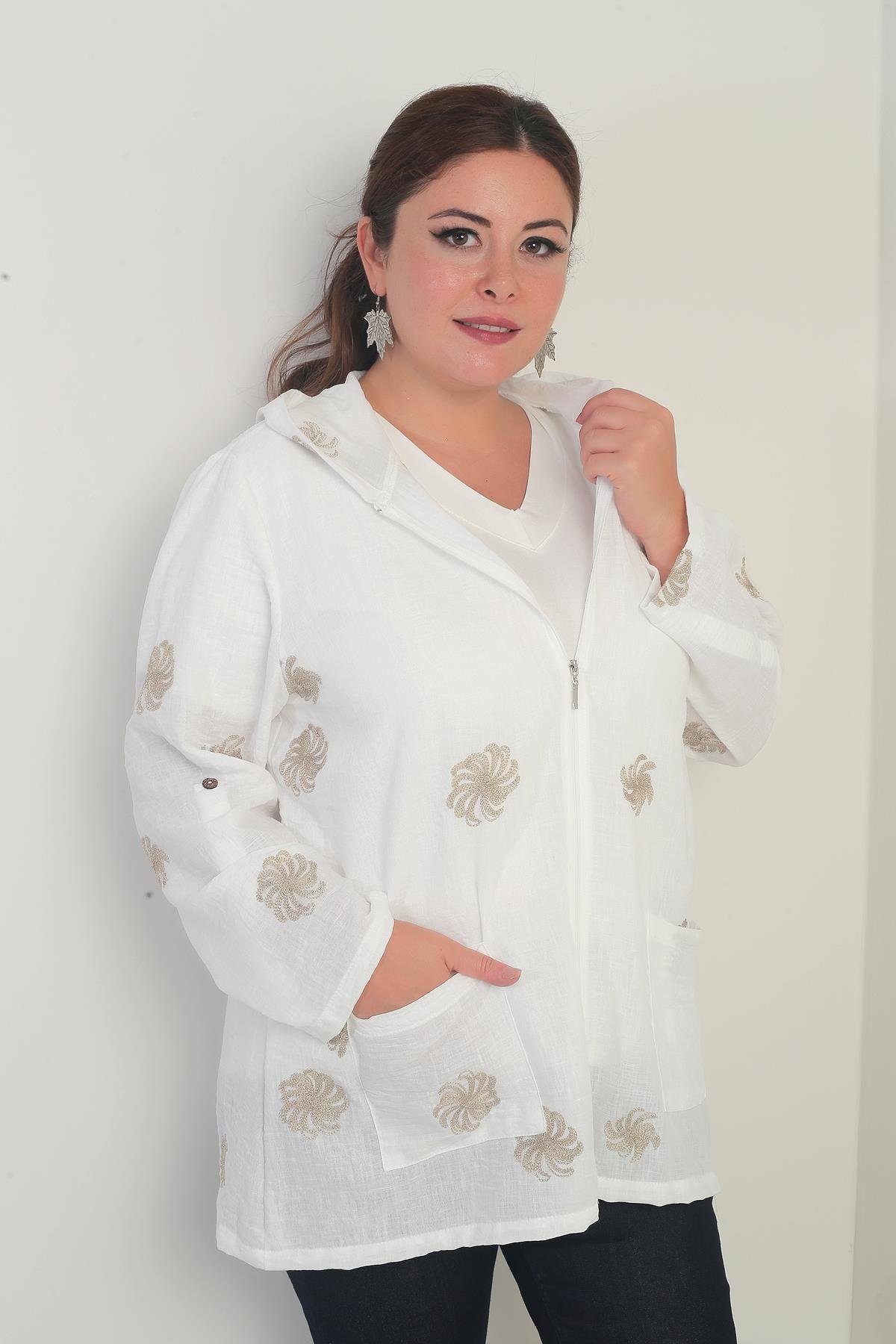 S-25Y4270001Kapüşonlu Torba Cepli Sim İşlemeli Sarmal  Desen Yıkamalı Fermuarlı Büyük Beden Ceket