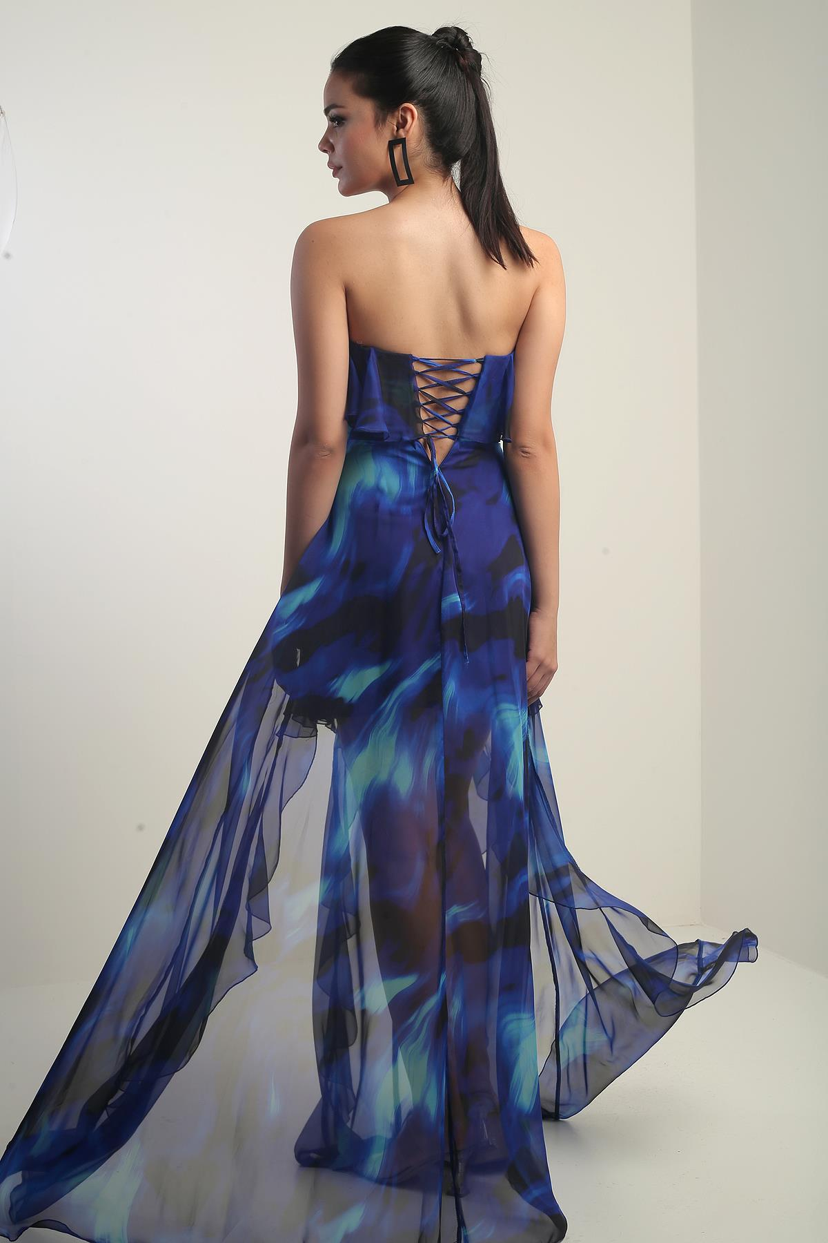 S-25Y4340001Kadın Straplez Astarlı Büyük Çiçekli Volanlı Şifon Uzun Elbise