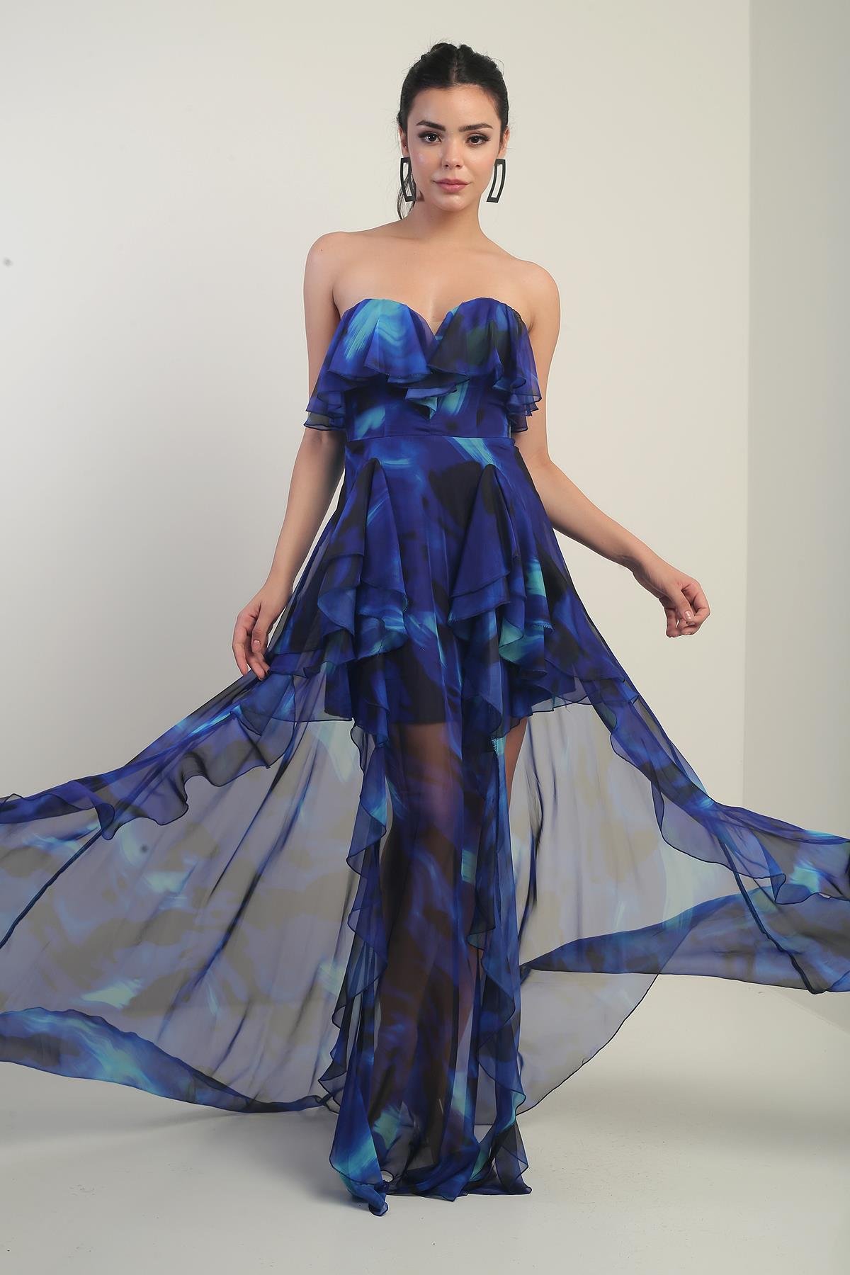 S-25Y4340001Kadın Straplez Astarlı Büyük Çiçekli Volanlı Şifon Uzun Elbise