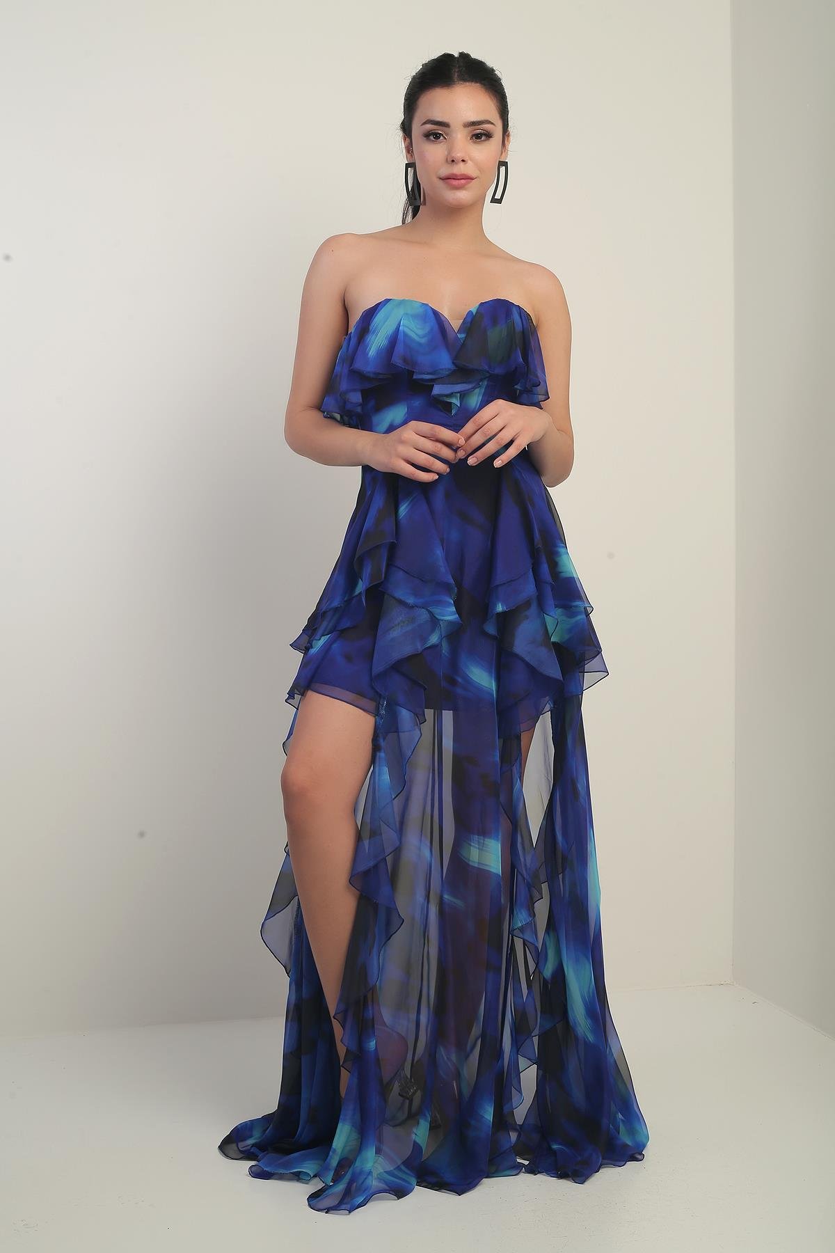 S-25Y4340001Kadın Straplez Astarlı Büyük Çiçekli Volanlı Şifon Uzun Elbise