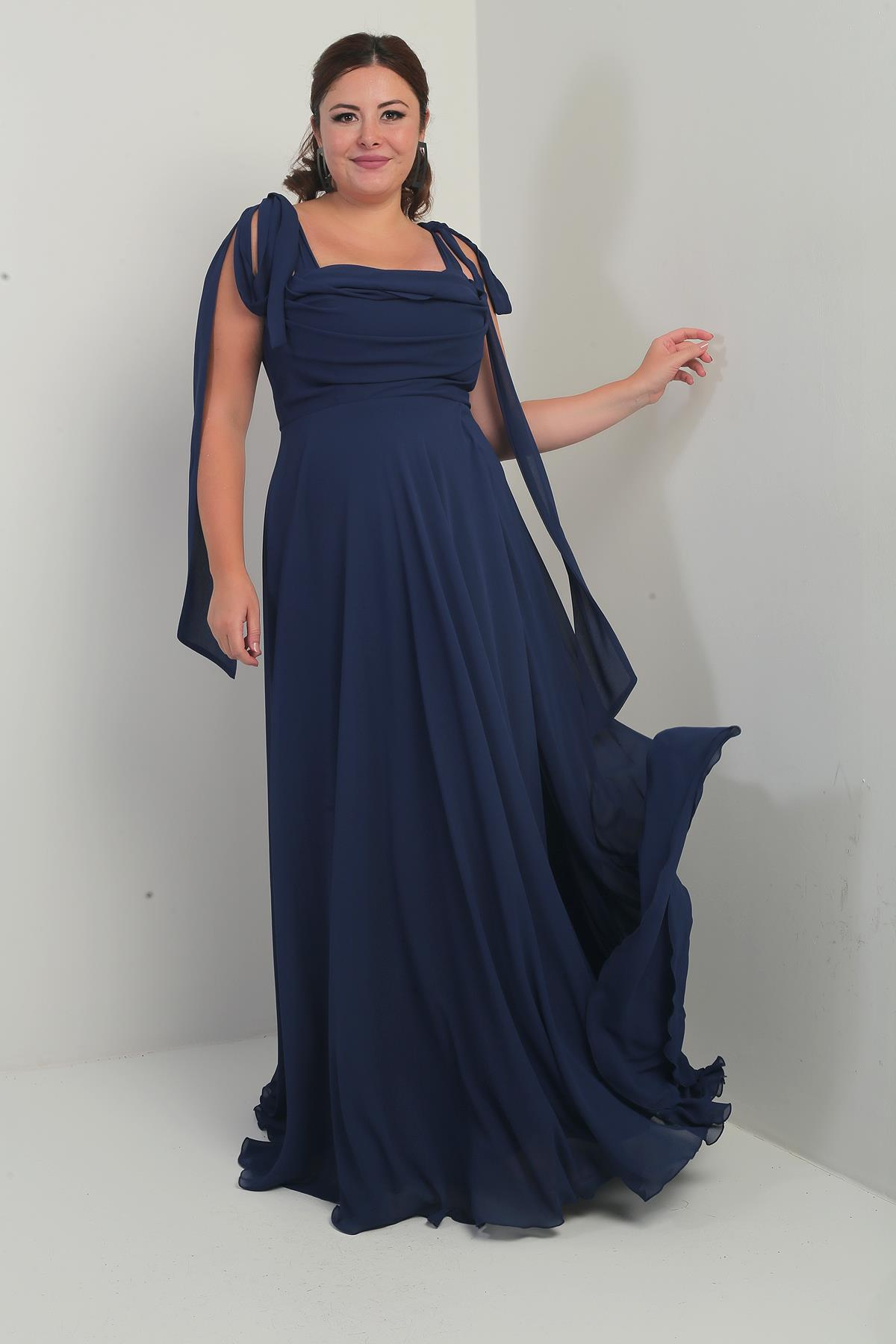 S-25Y4350001Kadın Degaje Yaka Omuz Bağlamalı Astarlı Büyük Beden Krep Şifon Uzun Elbise