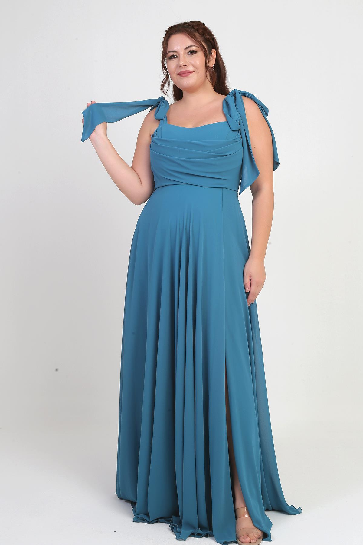 S-25Y4350001Kadın Degaje Yaka Omuz Bağlamalı Astarlı Büyük Beden Krep Şifon Uzun Elbise