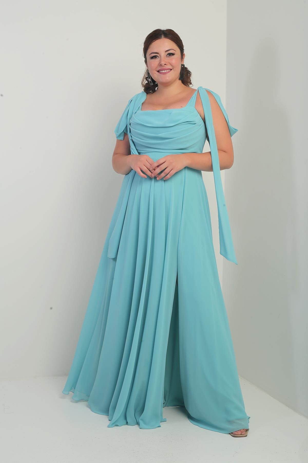 S-25Y4350001Kadın Degaje Yaka Omuz Bağlamalı Astarlı Büyük Beden Krep Şifon Uzun Elbise