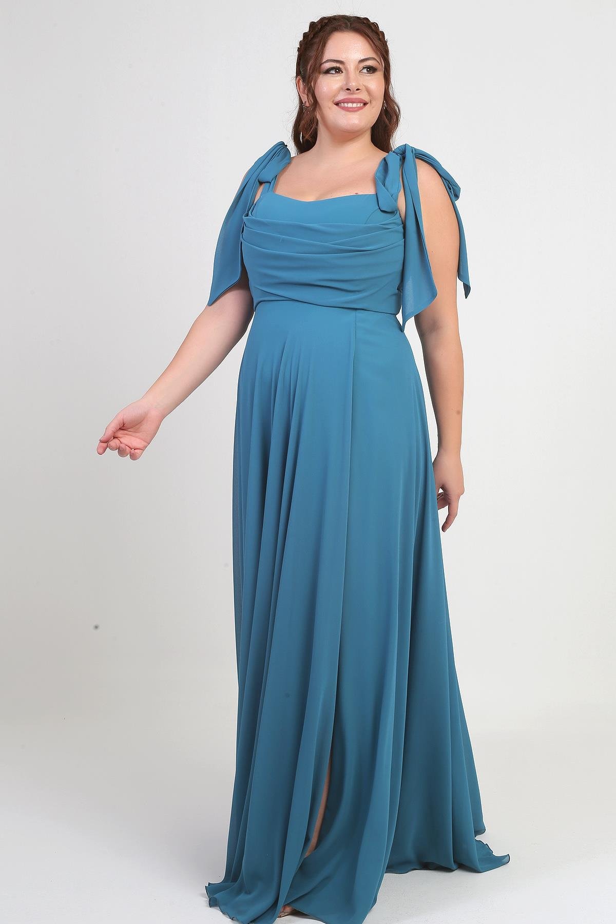 S-25Y4350001Kadın Degaje Yaka Omuz Bağlamalı Astarlı Büyük Beden Krep Şifon Uzun Elbise