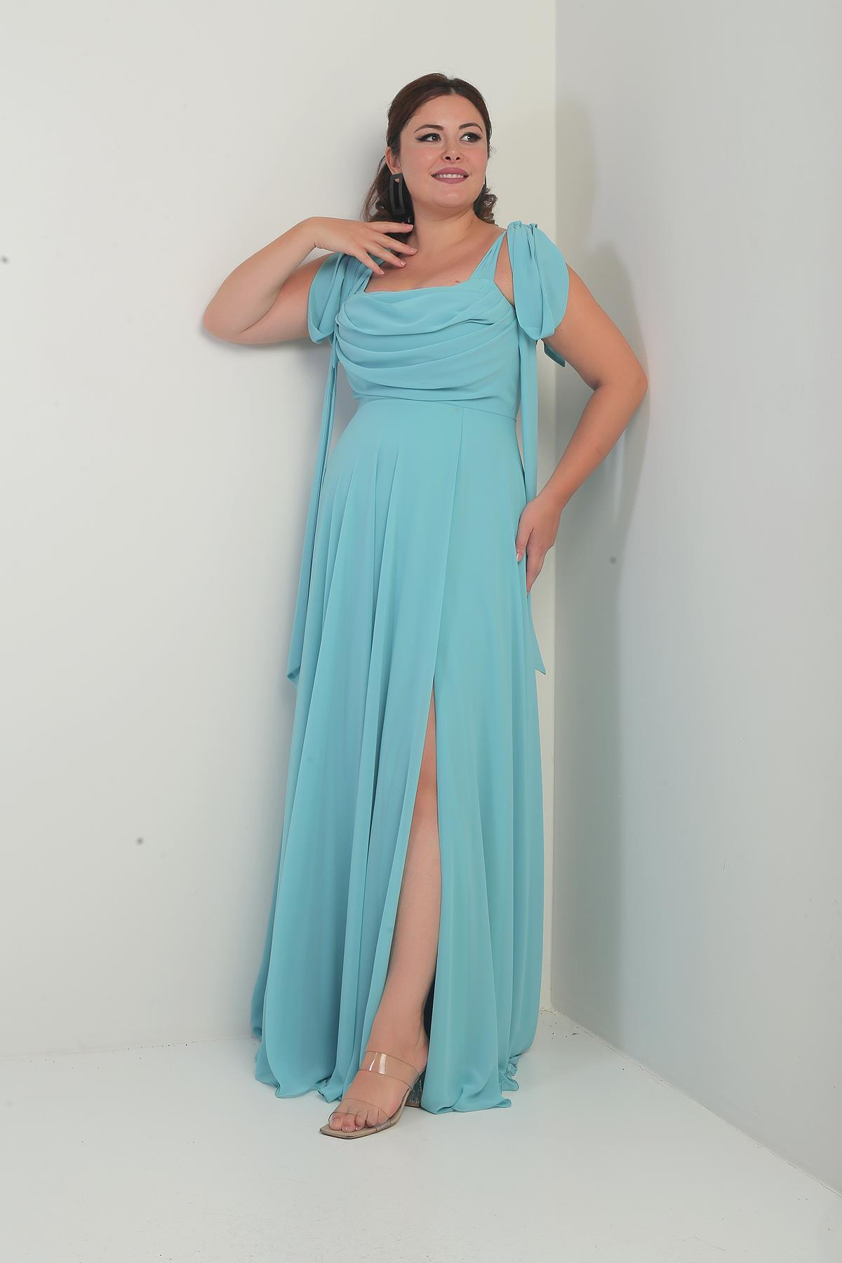 S-25Y4350001Kadın Degaje Yaka Omuz Bağlamalı Astarlı Büyük Beden Krep Şifon Uzun Elbise