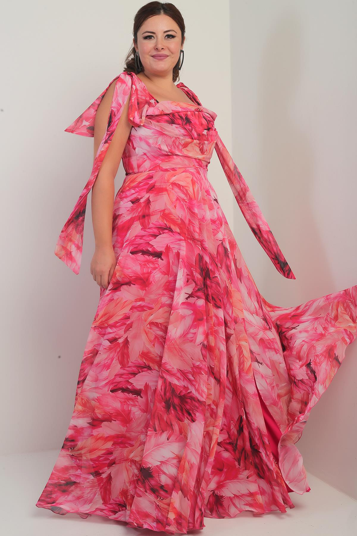 S-25Y4350002Kadın Degaje Yaka Omuz Bağlamalı Astarlı Yaprak Desenli Büyük Beden Krep Şifon Uzun Elbise