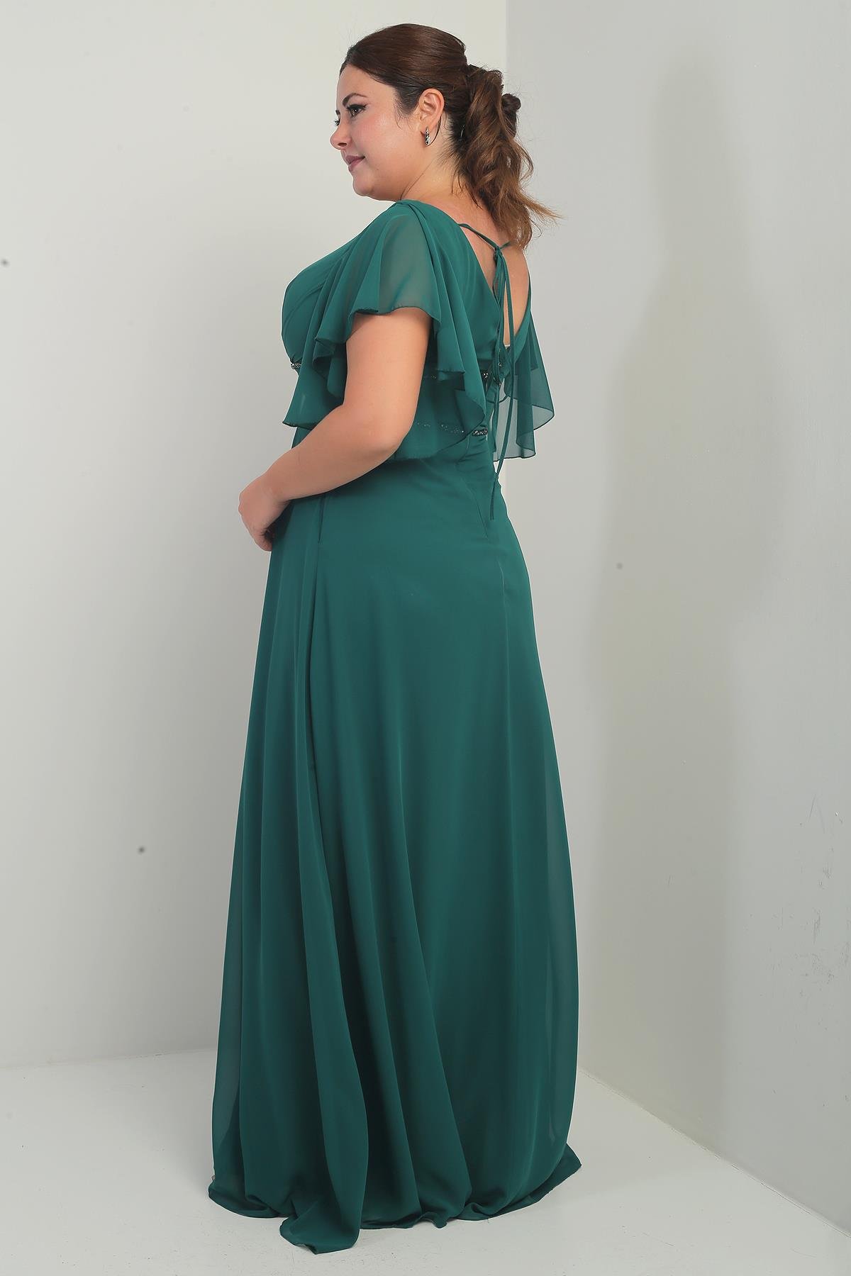 S-25Y4360001Kadın Ön Arka V Yaka Volanlı Kol Astarlı Beli Boncuklu Cepli Büyük Beden Şifon Elbise