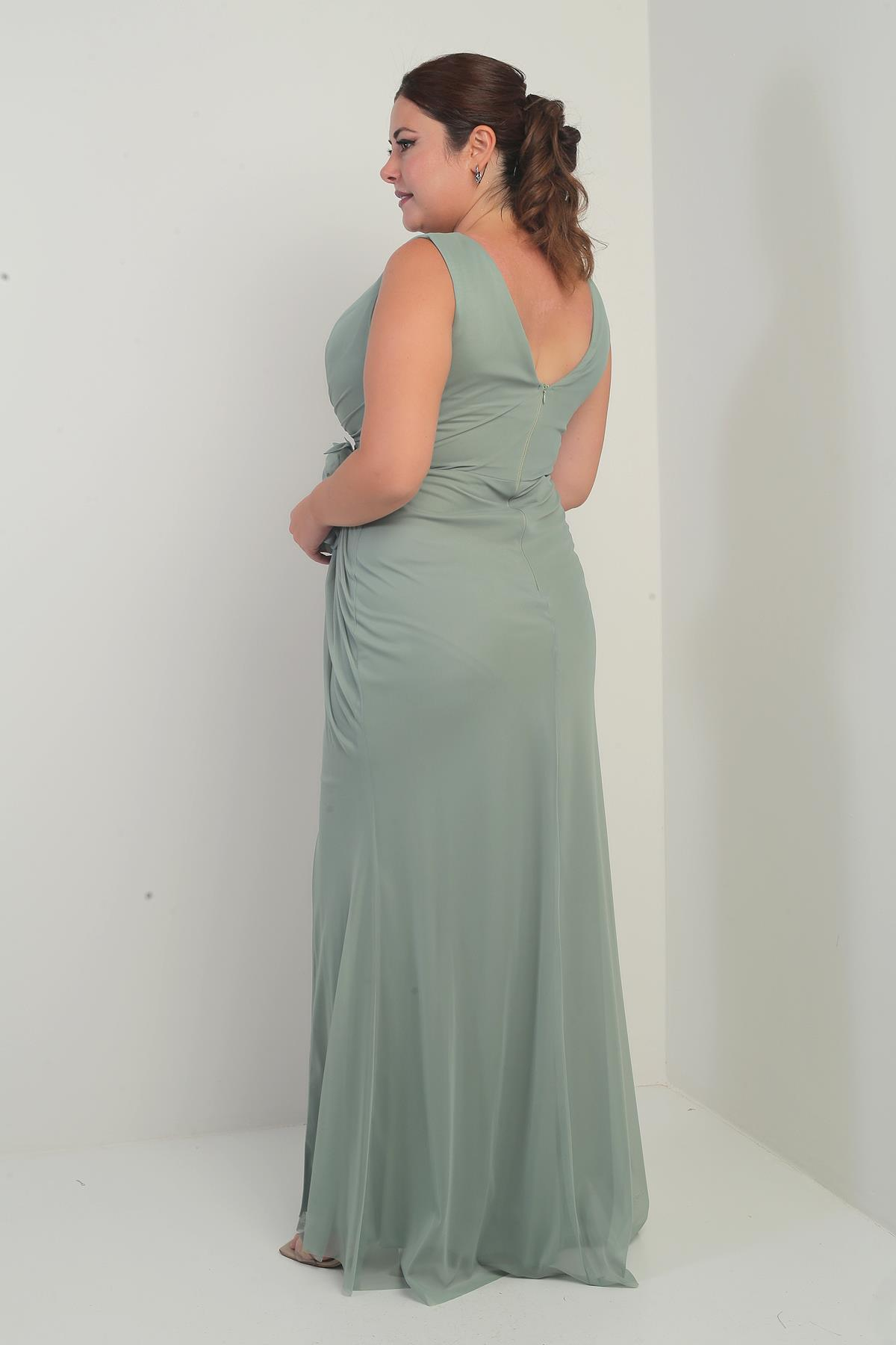 S-25Y4360002Kadın Ön Arka V Yaka Astarlı Önü Dapeli 3 Boyut Çiçekli Büyük Beden Tül Uzun Elbise