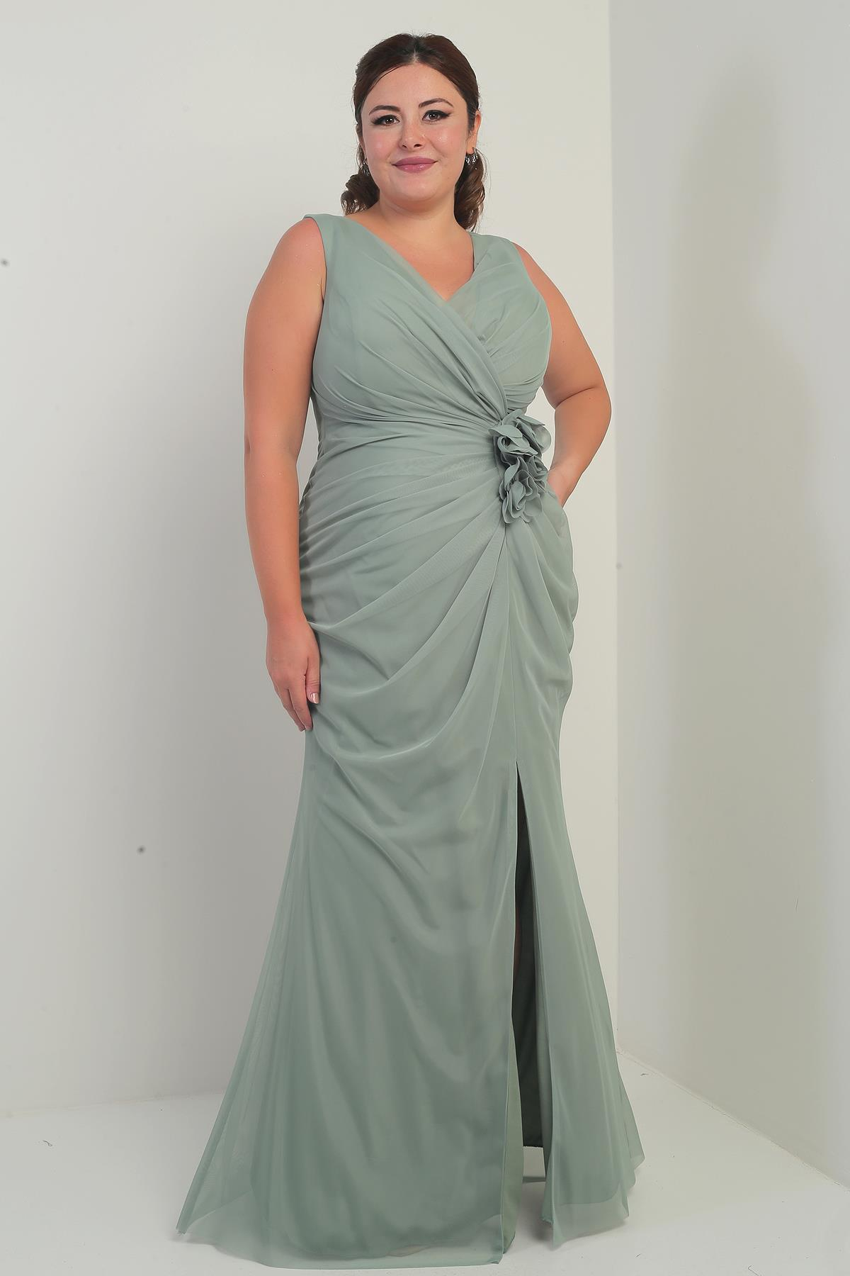 S-25Y4360002Kadın Ön Arka V Yaka Astarlı Önü Dapeli 3 Boyut Çiçekli Büyük Beden Tül Uzun Elbise