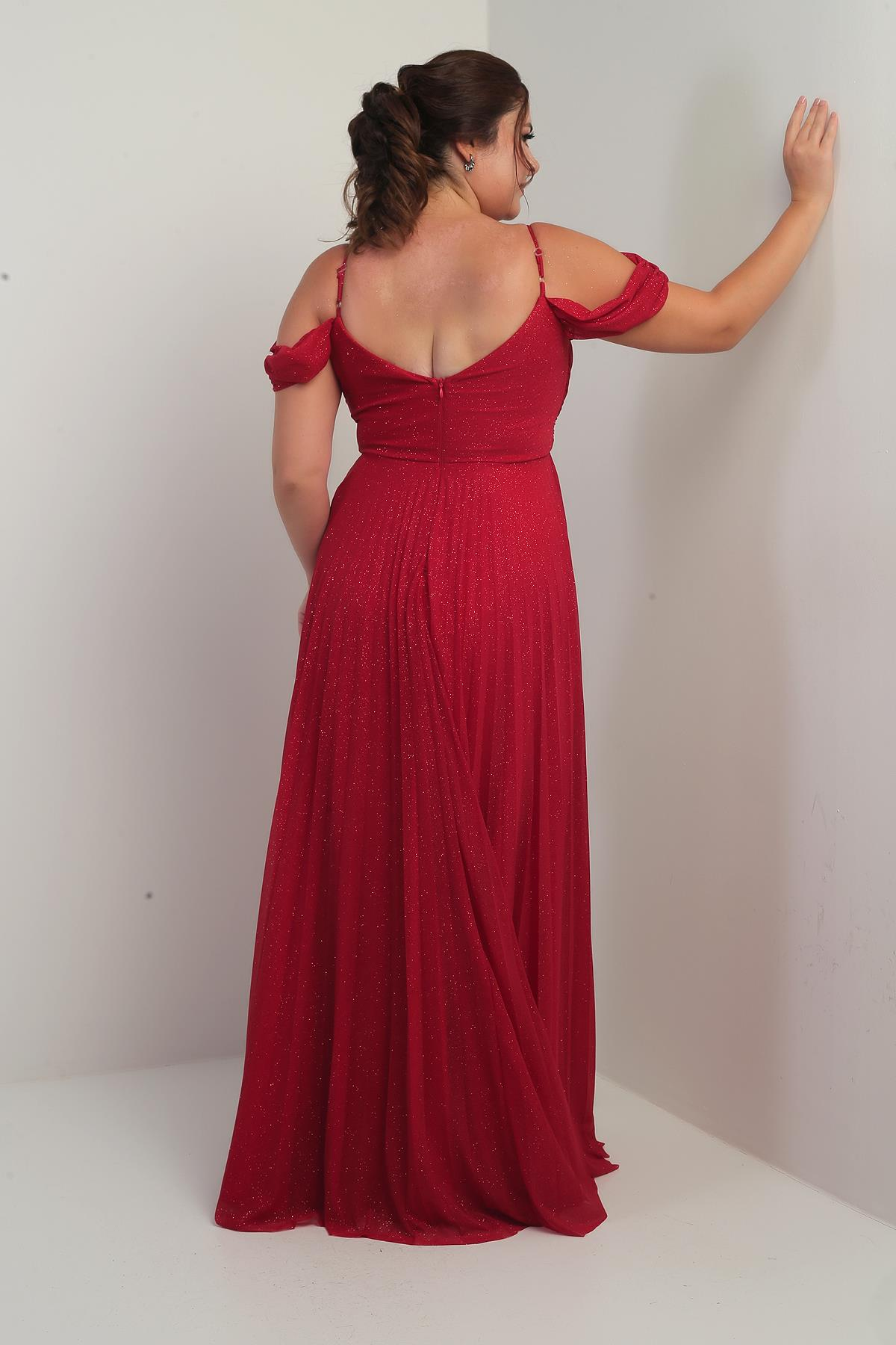 S-25Y4360004Kadın Sezerler Taş İşlemeli Straplez Yaka İp Askılı Düşük Omuz Simli Uzun B.B. Elbise