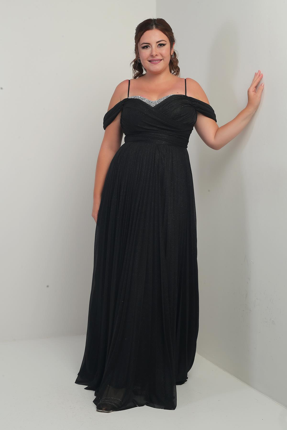 S-25Y4360004Kadın Sezerler Taş İşlemeli Straplez Yaka İp Askılı Düşük Omuz Simli Uzun B.B. Elbise