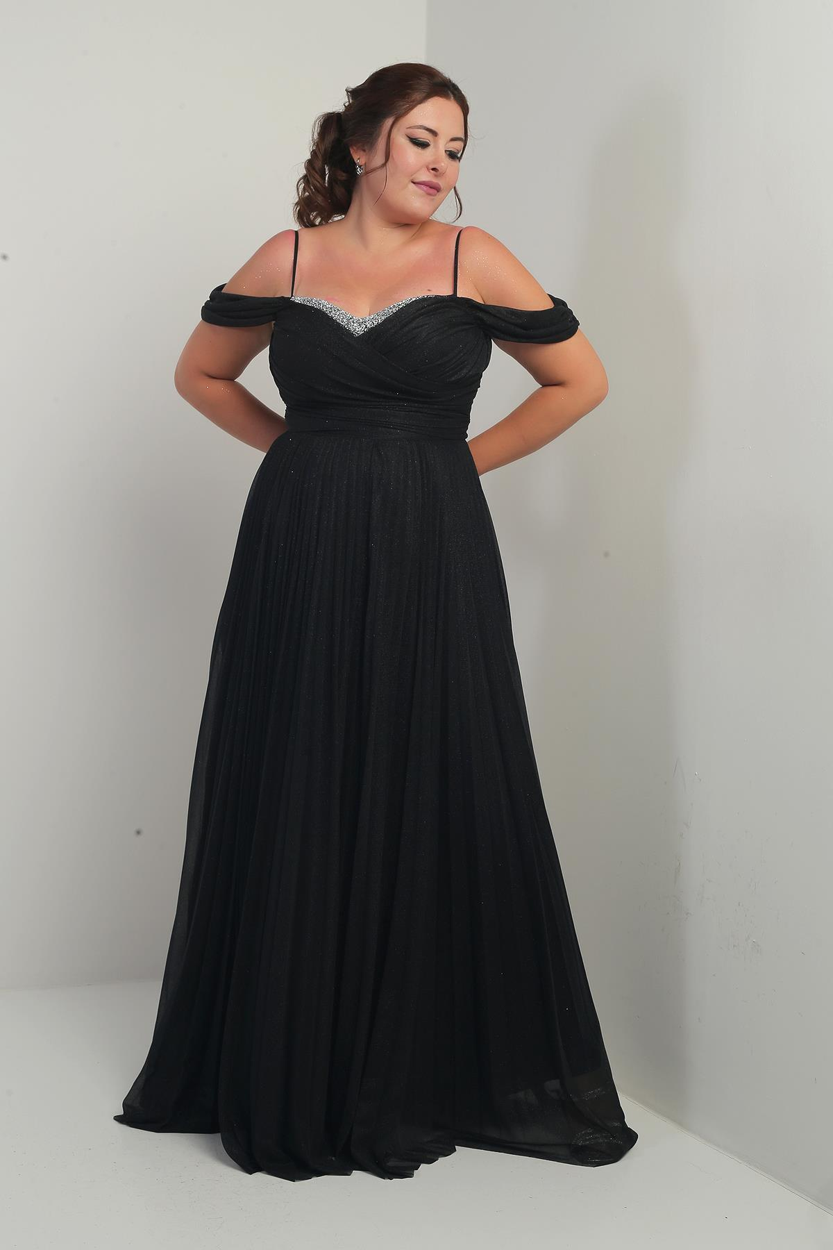 S-25Y4360004Kadın Sezerler Taş İşlemeli Straplez Yaka İp Askılı Düşük Omuz Simli Uzun B.B. Elbise