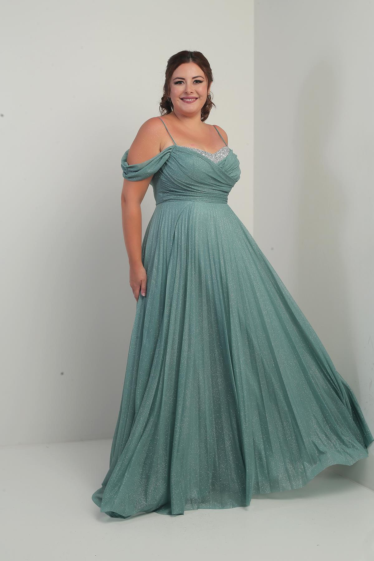 S-25Y4360004Kadın Sezerler Taş İşlemeli Straplez Yaka İp Askılı Düşük Omuz Simli Uzun B.B. Elbise