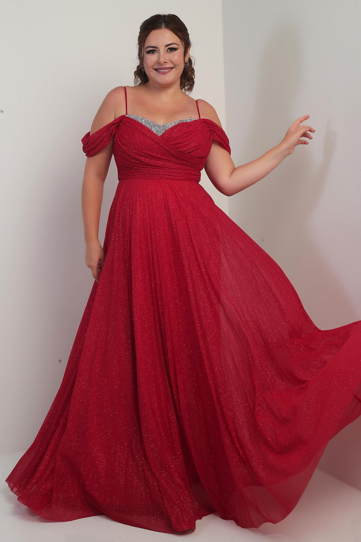 S-25Y4360004Kadın Sezerler Taş İşlemeli Straplez Yaka İp Askılı Düşük Omuz Simli Uzun B.B. Elbise