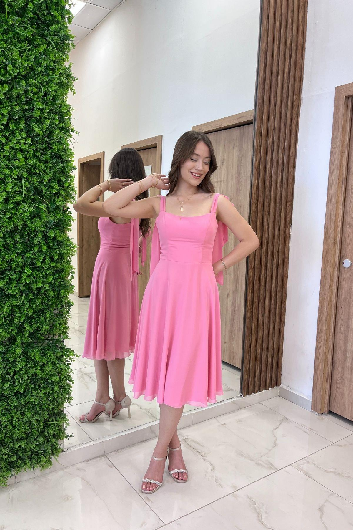 S-25Y4360005Kadın Omuzu Bağcıklı Astarlı Kısa  Elbise