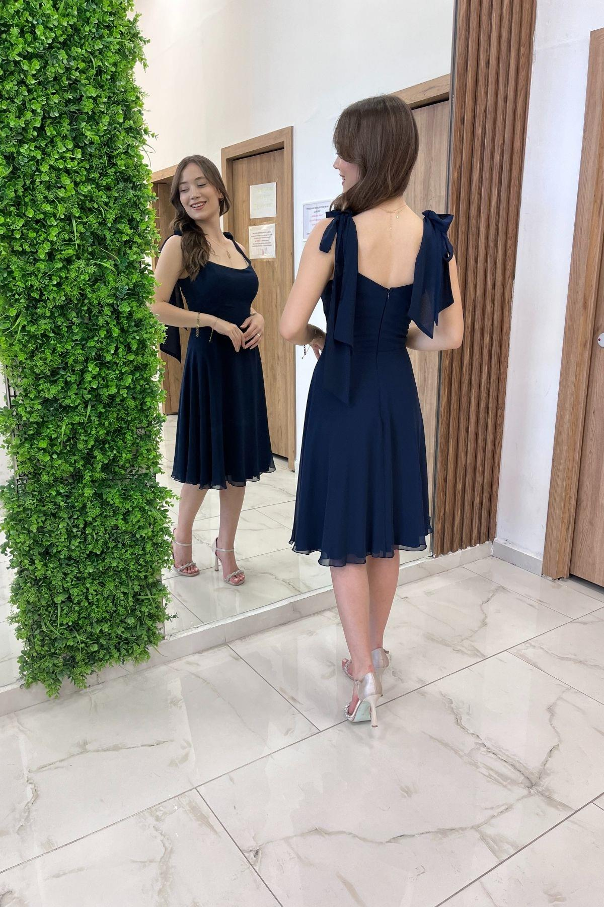 S-25Y4360005Kadın Omuzu Bağcıklı Astarlı Kısa  Elbise