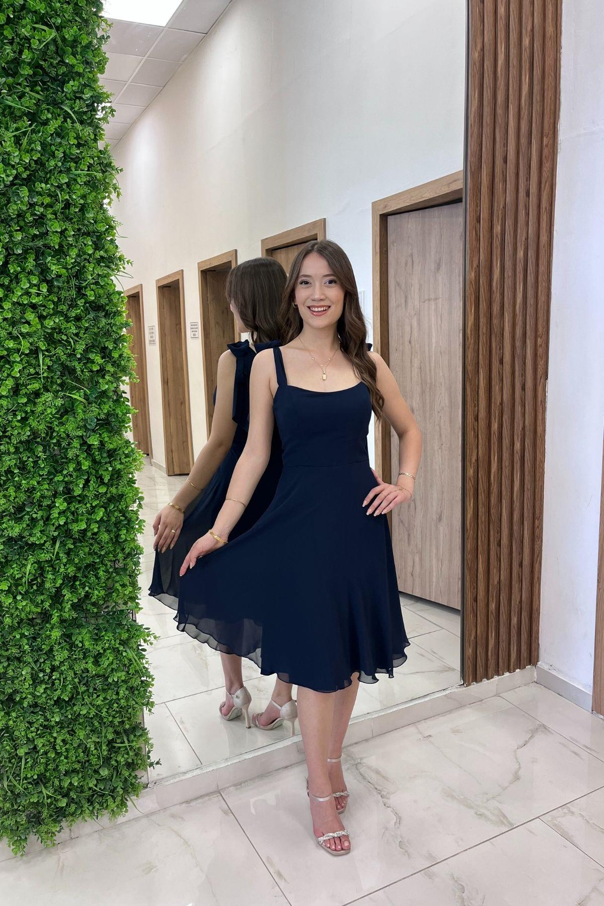 S-25Y4360005Kadın Omuzu Bağcıklı Astarlı Kısa  Elbise