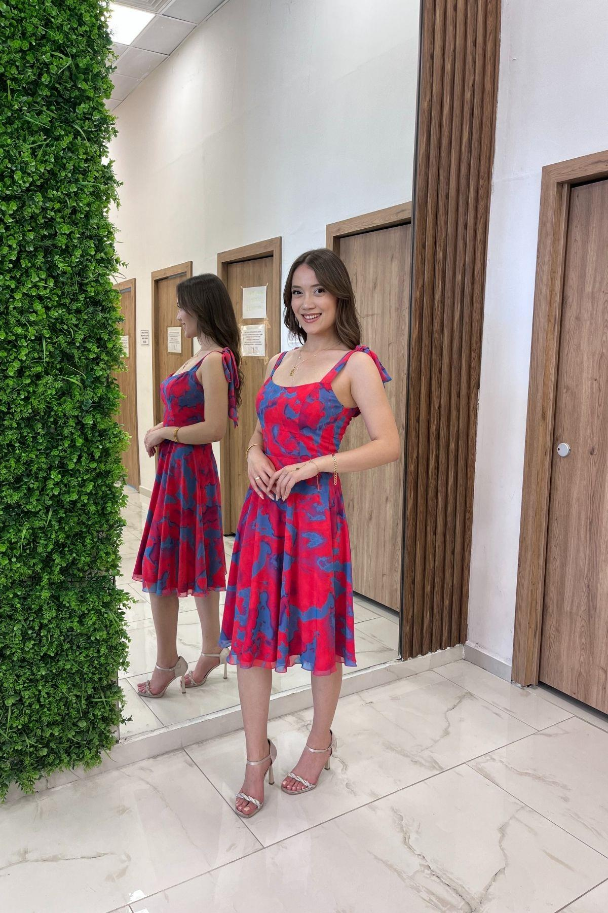 S-25Y4360013Kadın Omuzu Bağcıklı Astarlı Batik Desen Kısa Şifon Elbise