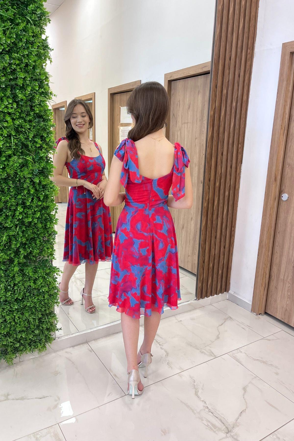 S-25Y4360013Kadın Omuzu Bağcıklı Astarlı Batik Desen Kısa Şifon Elbise