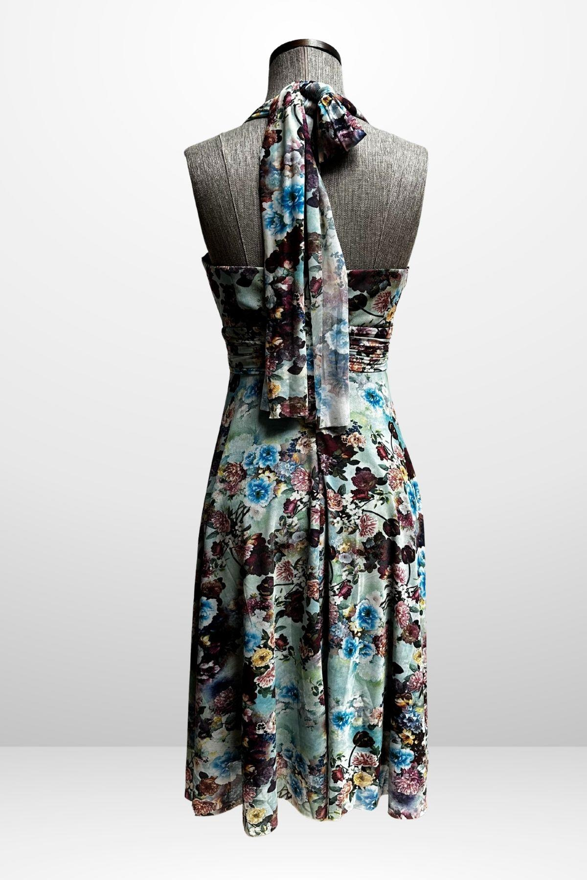 S-25Y4360016Kadın Boyundan Bağlamalı Astarlı Küçük Çiçekli Elbise