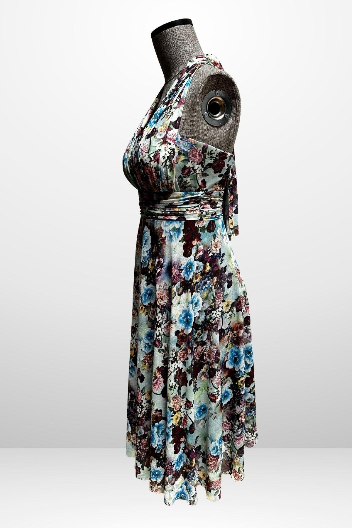 S-25Y4360016Kadın Boyundan Bağlamalı Astarlı Küçük Çiçekli Elbise