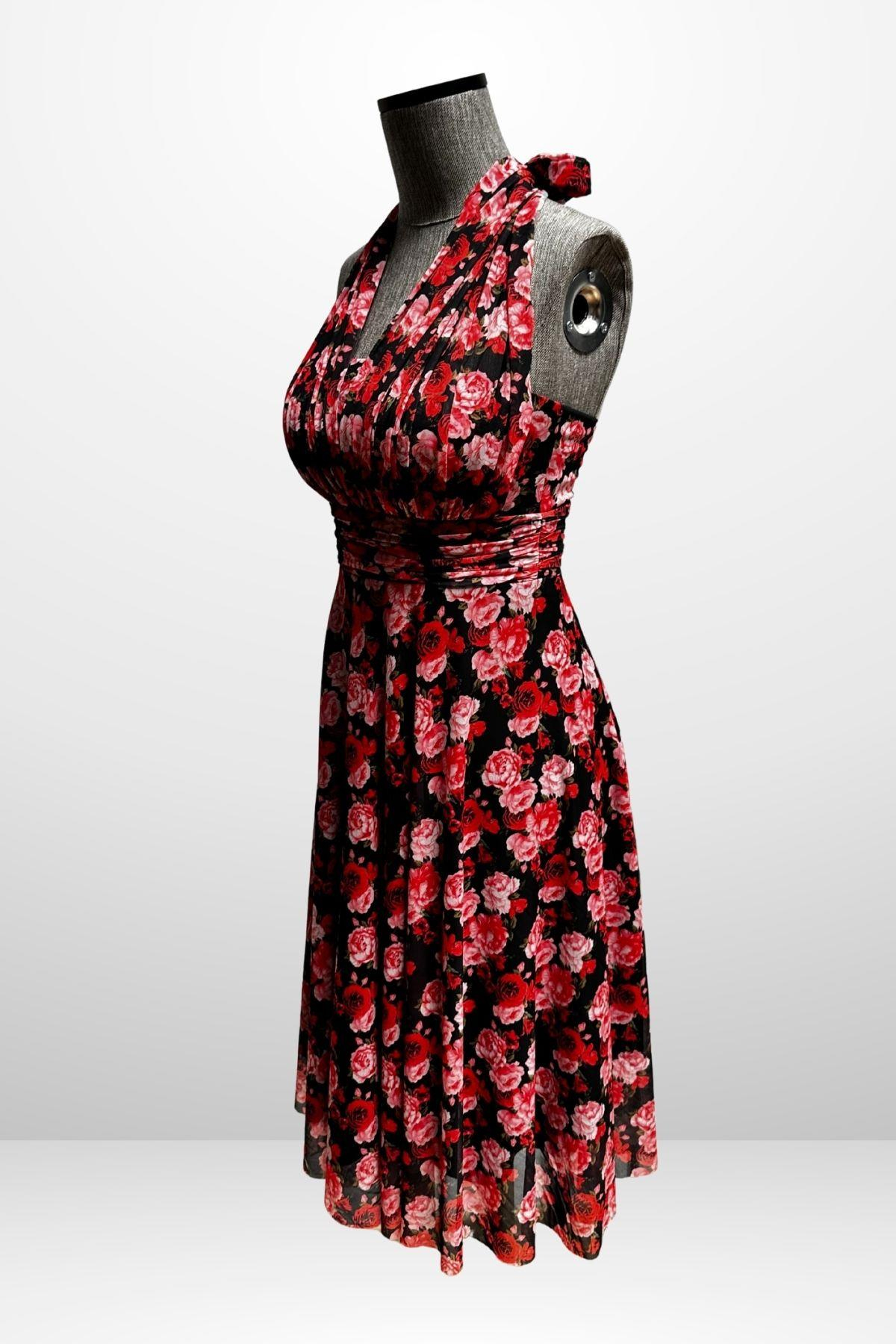 S-25Y4360016Kadın Boyundan Bağlamalı Astarlı Küçük Çiçekli Elbise