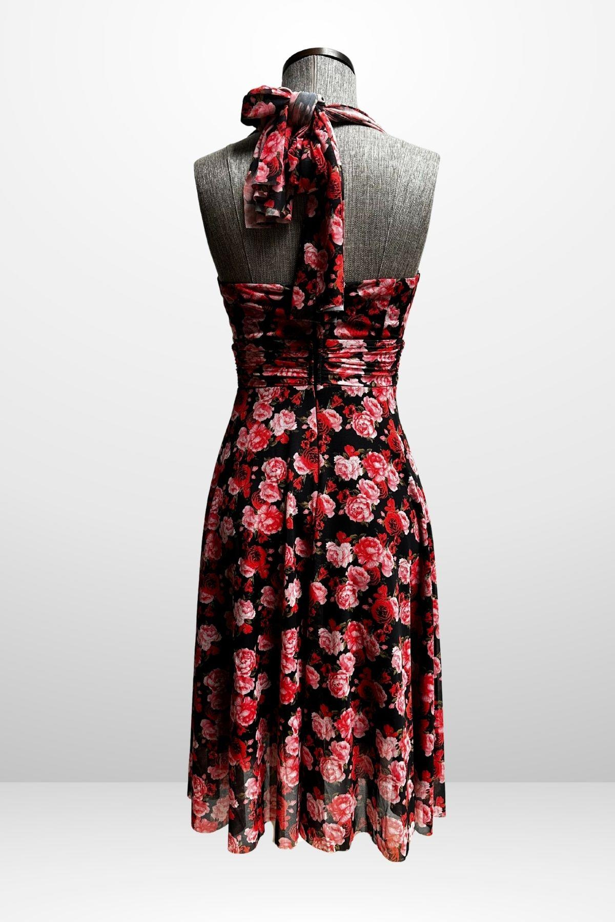 S-25Y4360016Kadın Boyundan Bağlamalı Astarlı Küçük Çiçekli Elbise