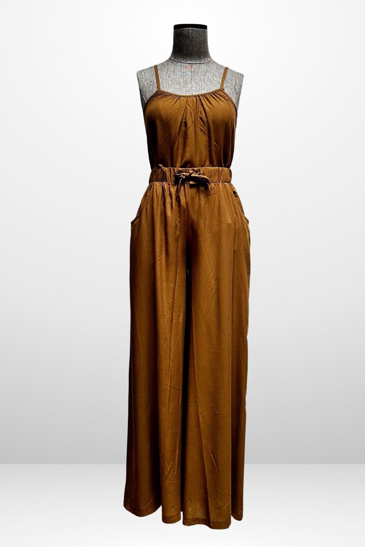 S-25Y4370001Kadın İp Askılı Bluz Beli Lastikli Cepli Palazzo Pantolon 2'li Takım