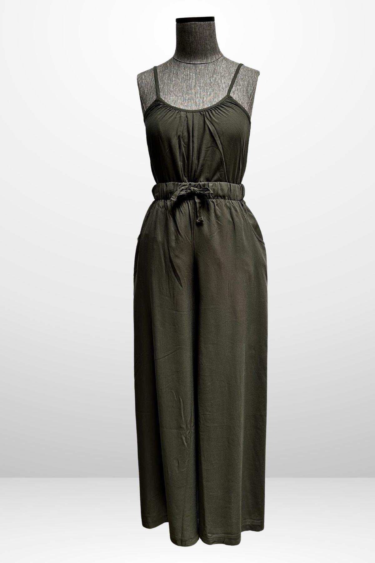 S-25Y4370001Kadın İp Askılı Bluz Beli Lastikli Cepli Palazzo Pantolon 2'li Takım