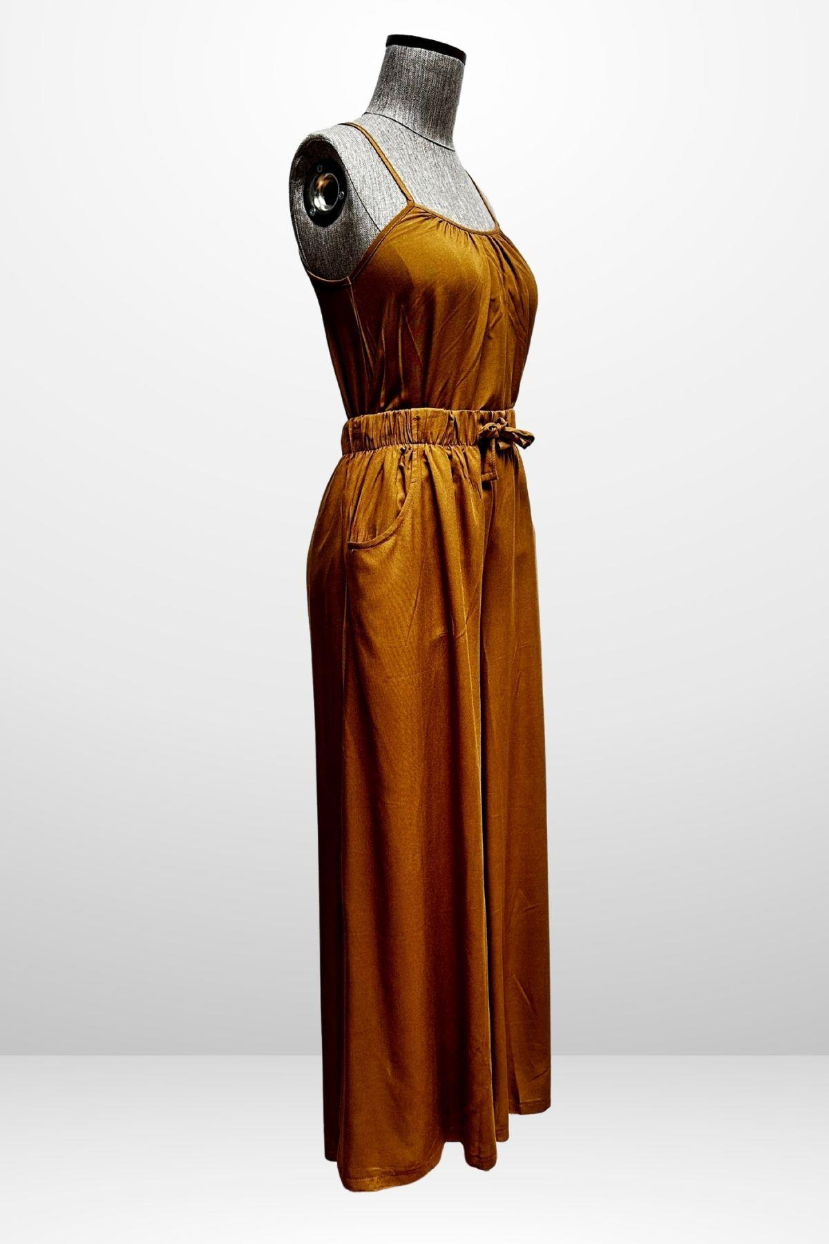 S-25Y4370001Kadın İp Askılı Bluz Beli Lastikli Cepli Palazzo Pantolon 2'li Takım