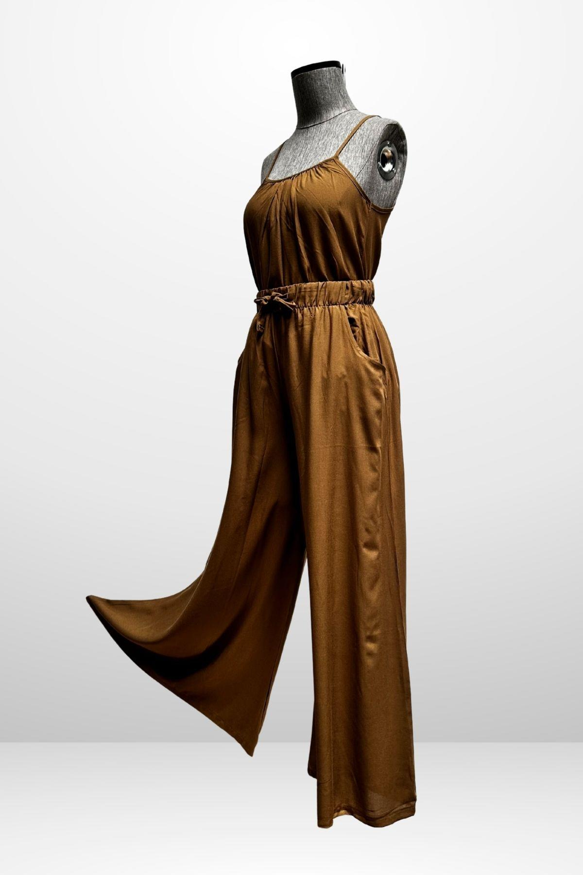 S-25Y4370001Kadın İp Askılı Bluz Beli Lastikli Cepli Palazzo Pantolon 2'li Takım