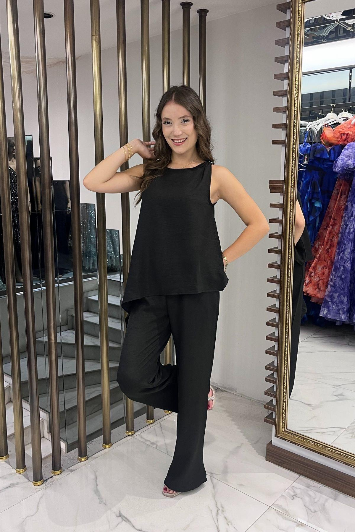 S-25Y4370002Kadın  Toka Detaylı Eteği Asimetrik Bluz Beli Lastikli Cepli Palazzo Pantolon Keten 2'li Takım