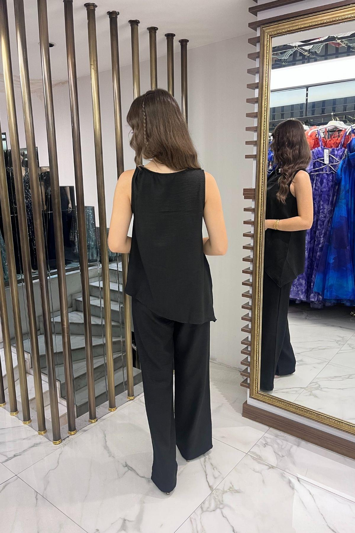 S-25Y4370002Kadın  Toka Detaylı Eteği Asimetrik Bluz Beli Lastikli Cepli Palazzo Pantolon Keten 2'li Takım