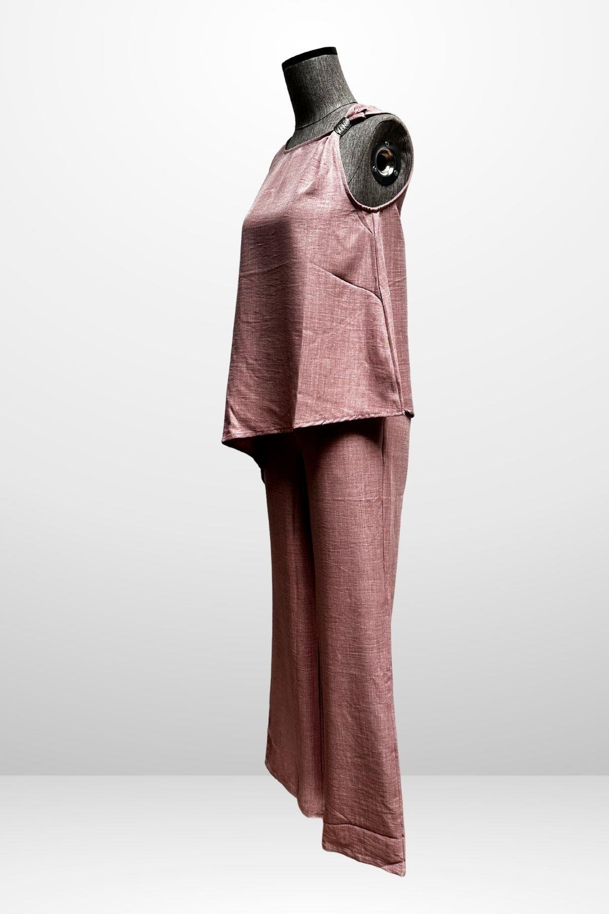 S-25Y4370002Kadın  Toka Detaylı Eteği Asimetrik Bluz Beli Lastikli Cepli Palazzo Pantolon Keten 2'li Takım