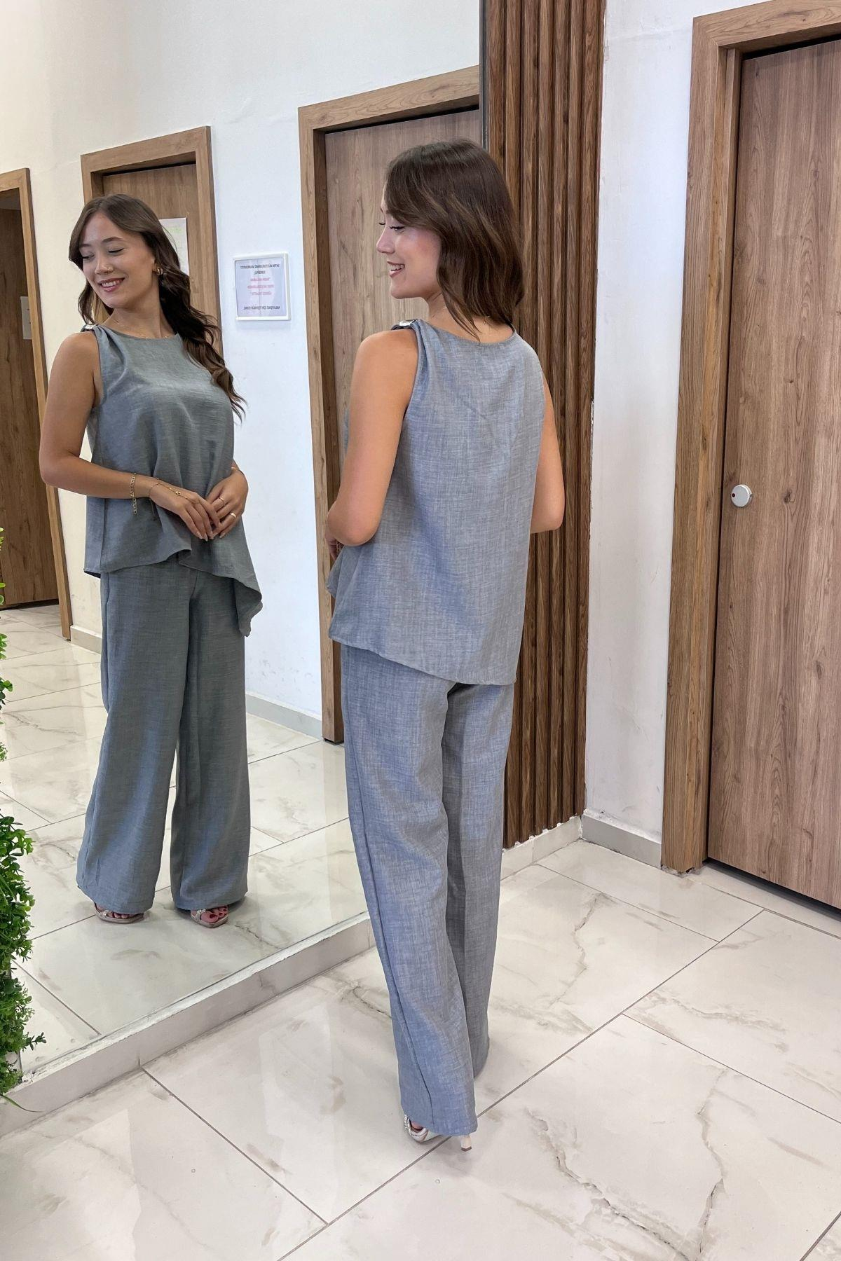 S-25Y4370002Kadın  Toka Detaylı Eteği Asimetrik Bluz Beli Lastikli Cepli Palazzo Pantolon Keten 2'li Takım