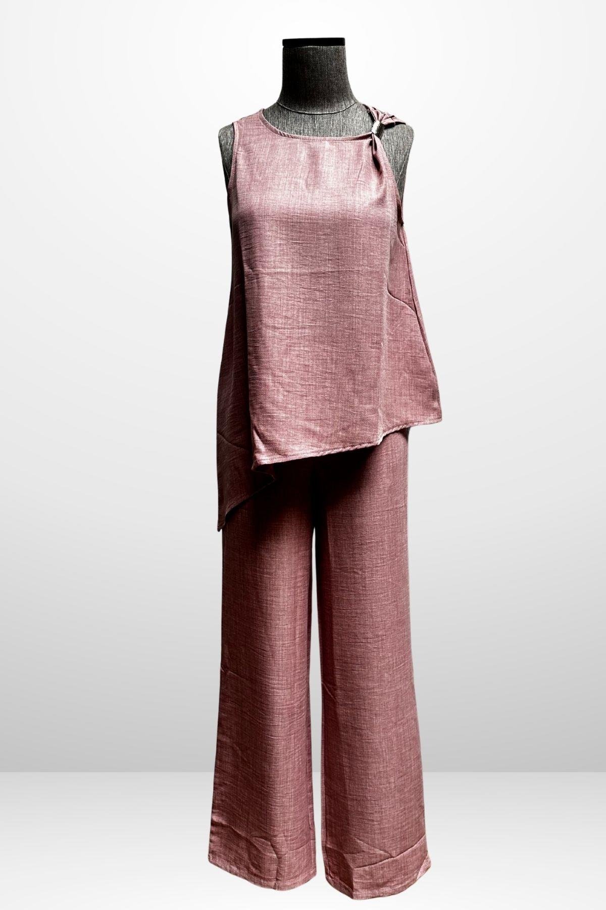 S-25Y4370002Kadın  Toka Detaylı Eteği Asimetrik Bluz Beli Lastikli Cepli Palazzo Pantolon Keten 2'li Takım