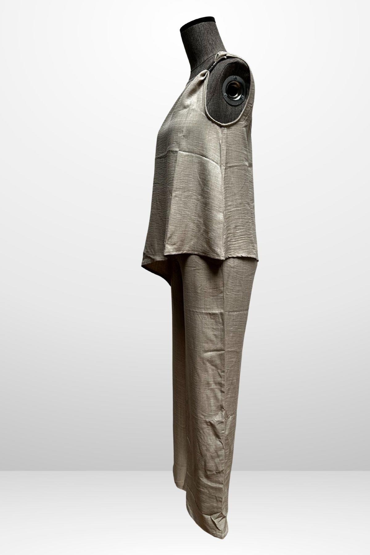 S-25Y4370002Kadın  Toka Detaylı Eteği Asimetrik Bluz Beli Lastikli Cepli Palazzo Pantolon Keten 2'li Takım