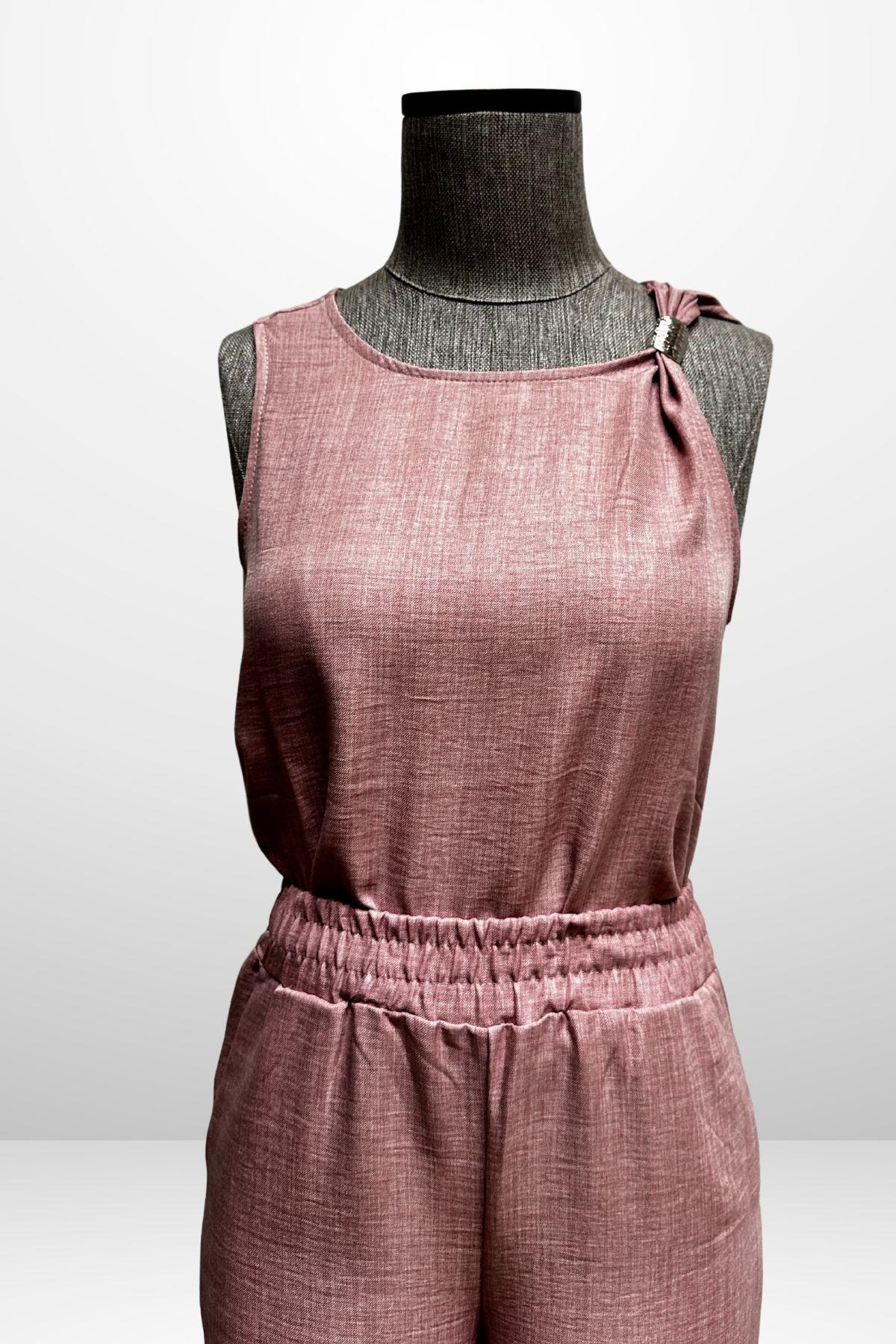 S-25Y4370002Kadın  Toka Detaylı Eteği Asimetrik Bluz Beli Lastikli Cepli Palazzo Pantolon Keten 2'li Takım