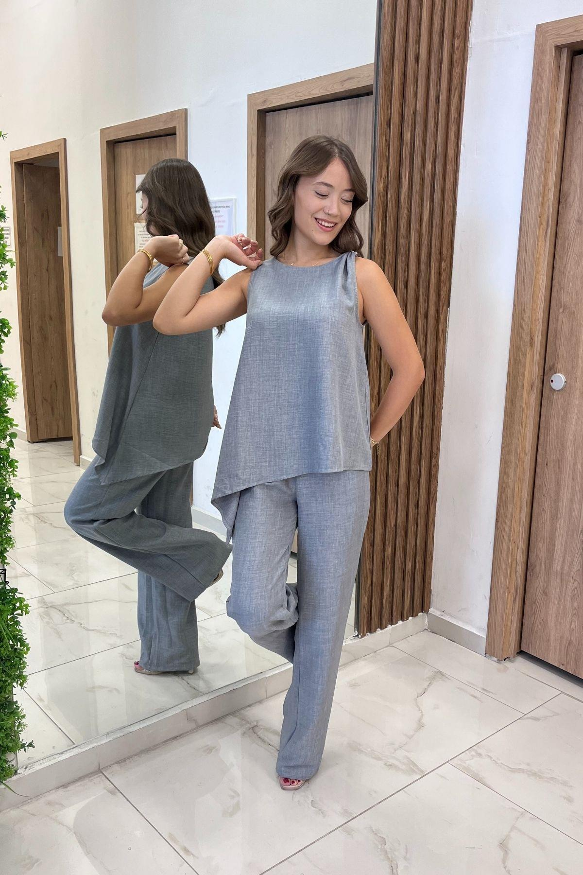 S-25Y4370002Kadın  Toka Detaylı Eteği Asimetrik Bluz Beli Lastikli Cepli Palazzo Pantolon Keten 2'li Takım