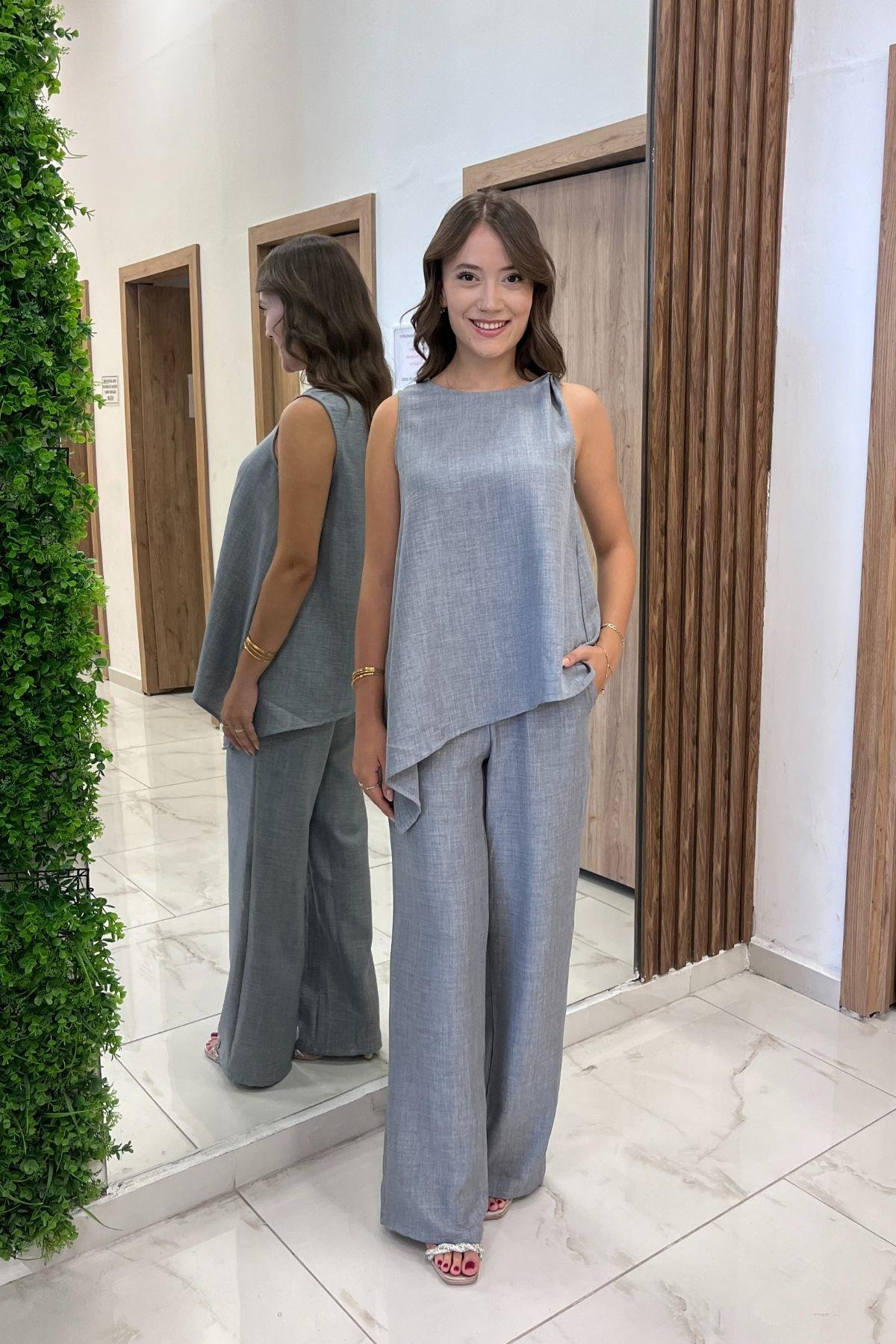 S-25Y4370002Kadın  Toka Detaylı Eteği Asimetrik Bluz Beli Lastikli Cepli Palazzo Pantolon Keten 2'li Takım