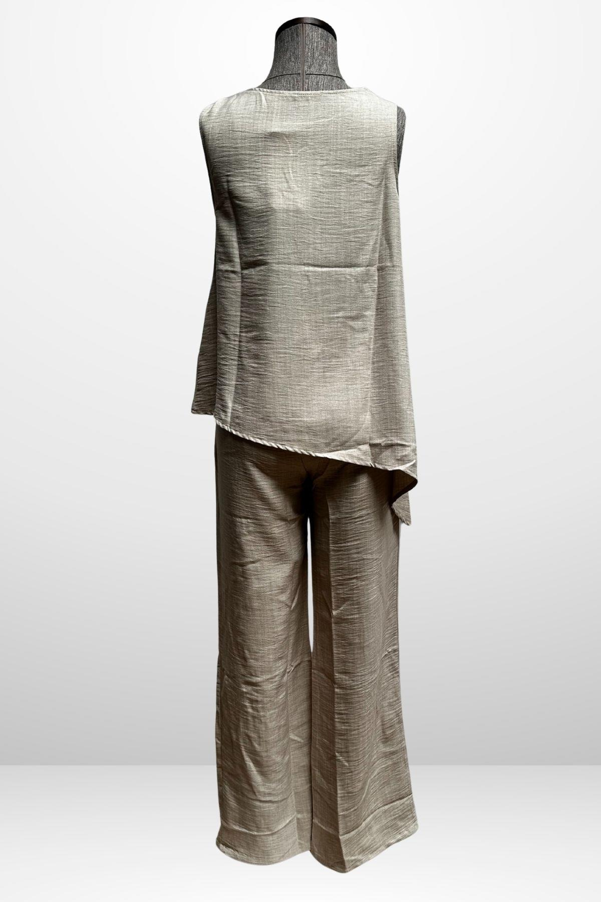 S-25Y4370002Kadın  Toka Detaylı Eteği Asimetrik Bluz Beli Lastikli Cepli Palazzo Pantolon Keten 2'li Takım